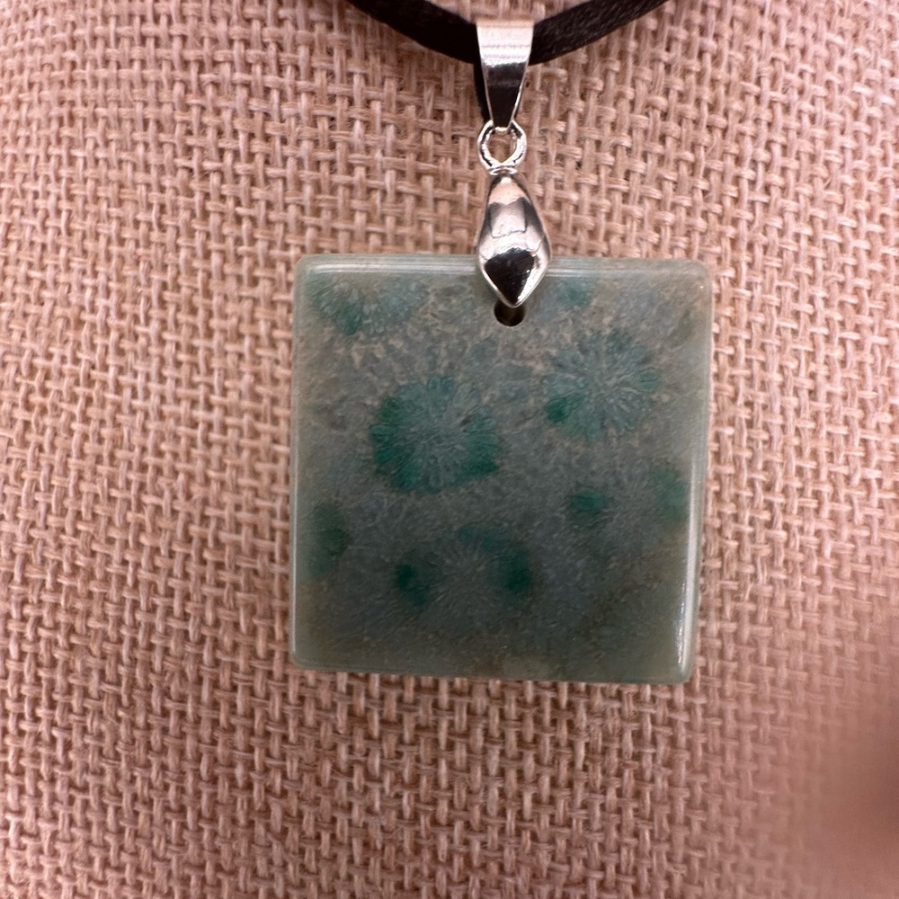 Light Green Coral Fossil Pendant Necklace on Black Satin Rope - Picture 4 of 15